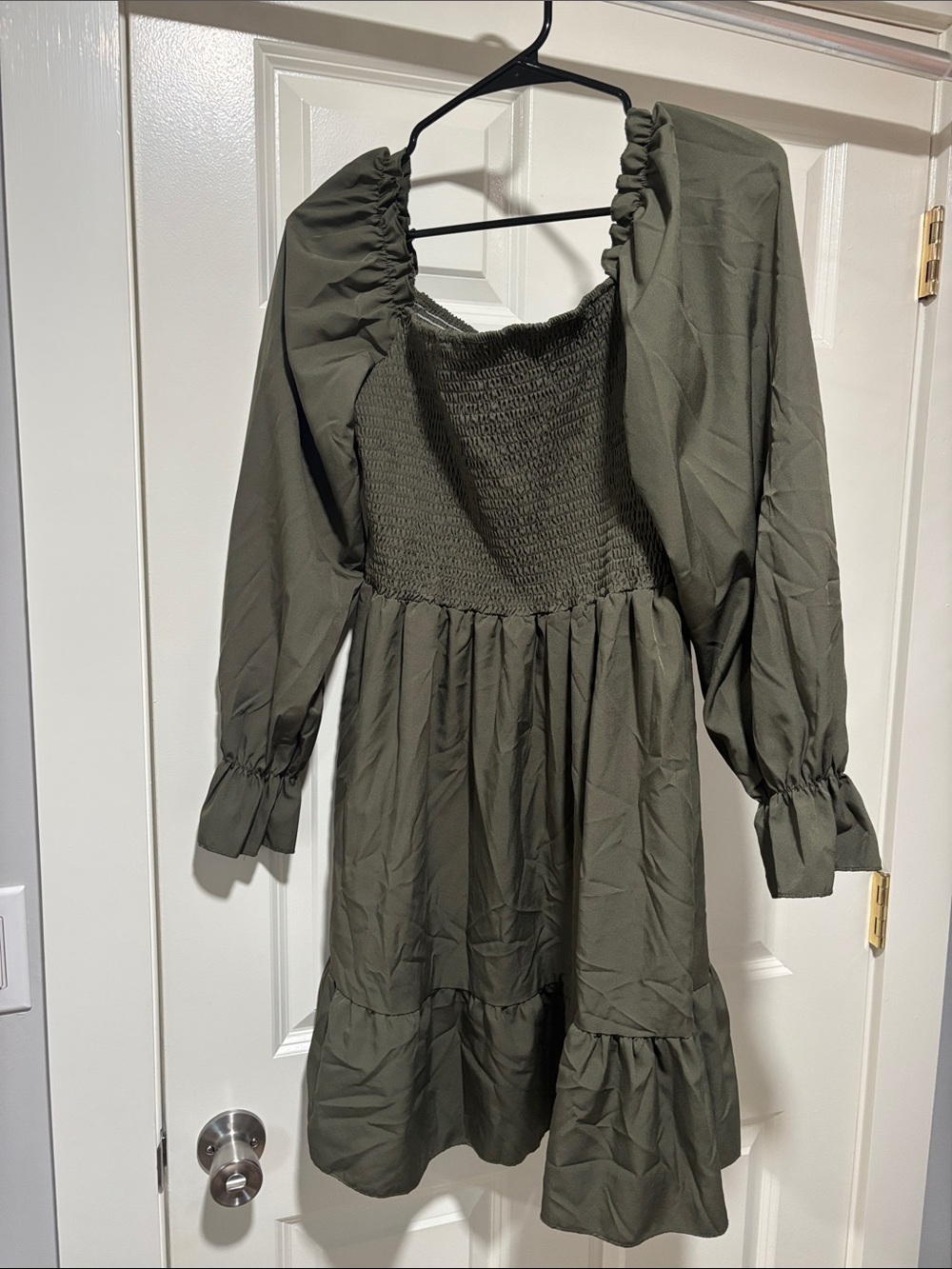 SHEIN Olive Green Smocked Midi Dress with Puff Sleeves